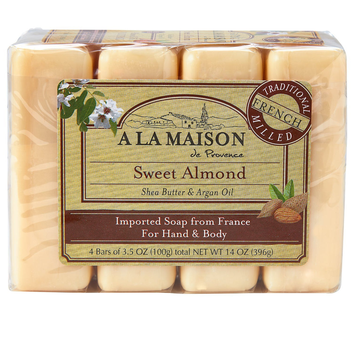 A La Maison Sweet Almond Unscented Bar Soap - 4 Triple Milled Moisturizing 3.5 Oz Bars