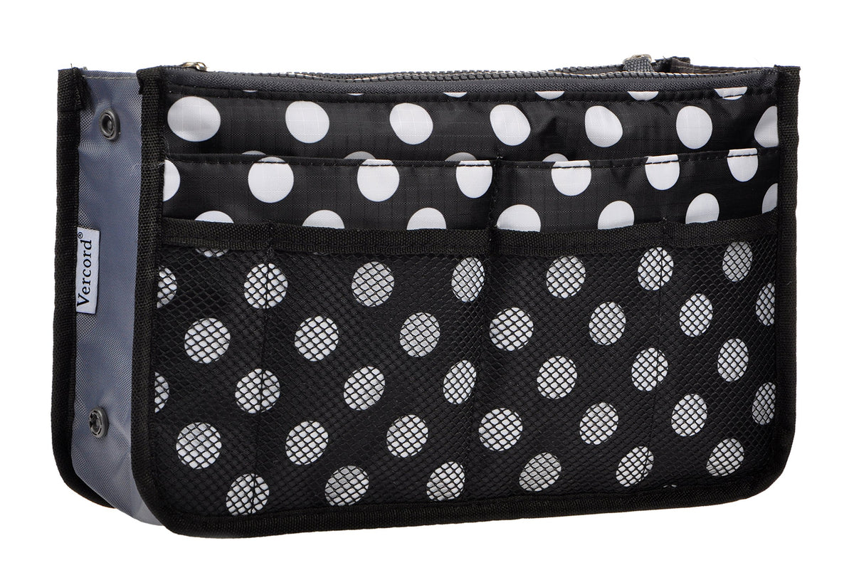 Vercord Large Nylon Purse Organizer Insert with 13 Pockets - Black Dots for Handbags and Tote