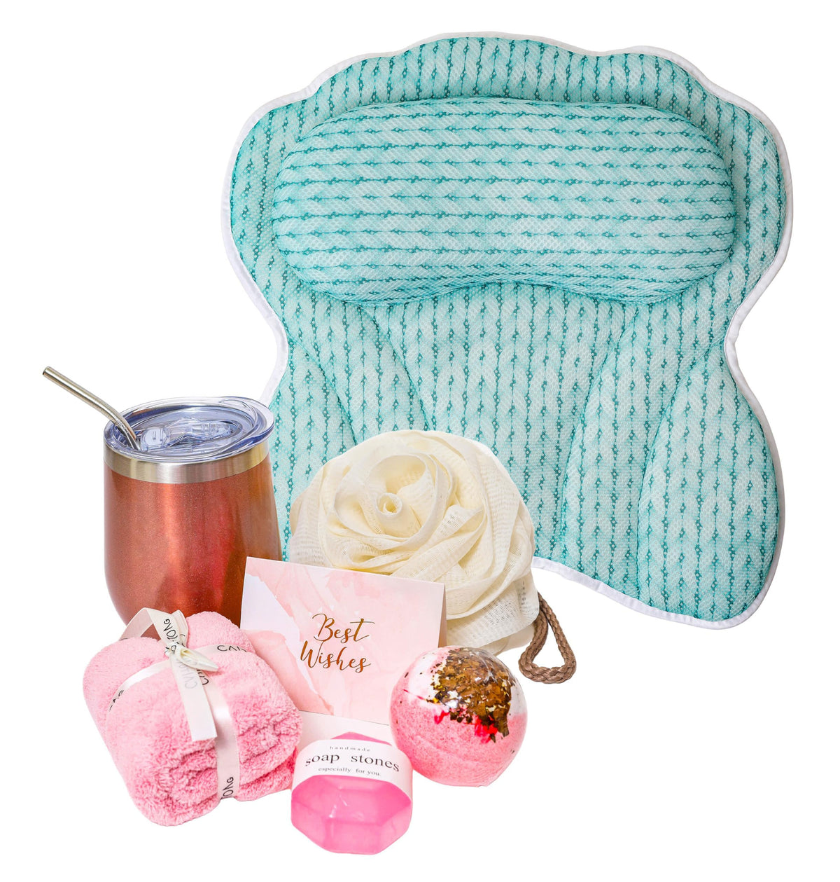 Lady Mcbath Spa Gift Basket - Luxury Bath Set With Pillow, Bath Bomb, Towel & Wine Cup