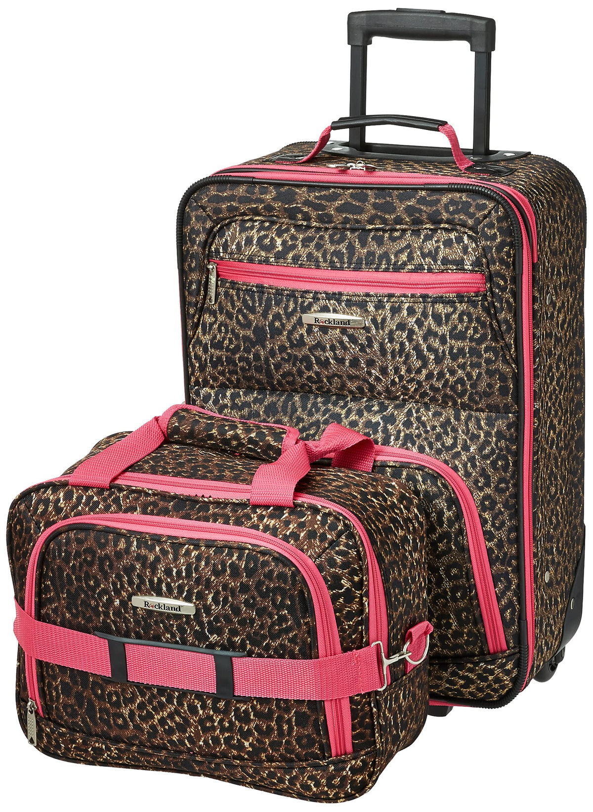 Rockland 2-Piece Expandable Softside Luggage Set - Lightweight Pink Leopard with Telescopic Handle