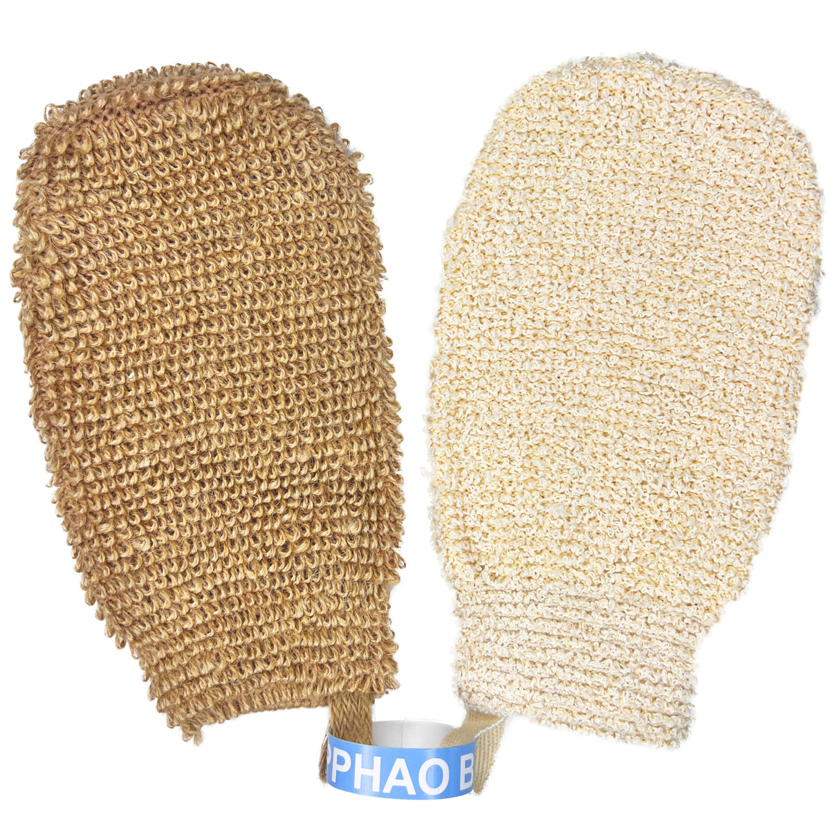 Pphao Basic Organic Bath Gloves - Exfoliating Jute & Ramie Body Scrubbers, 2 Pack, Brown