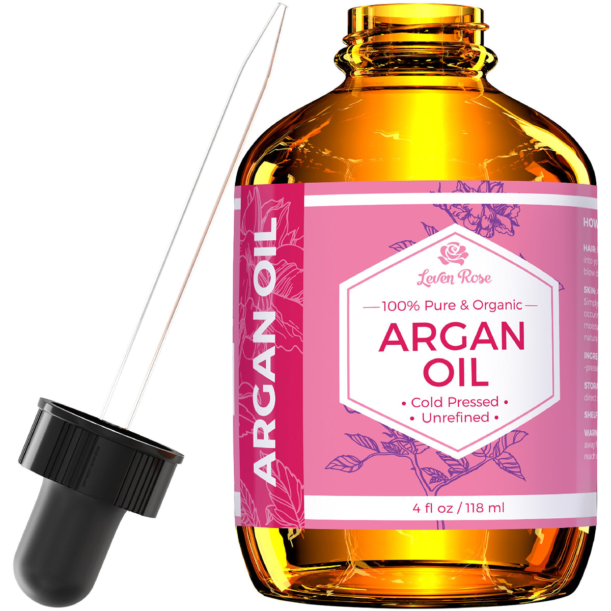 Leven Rose 100% Pure Argan Oil - Cold-Pressed Organic For Face, Hair & Skin - 4 Oz