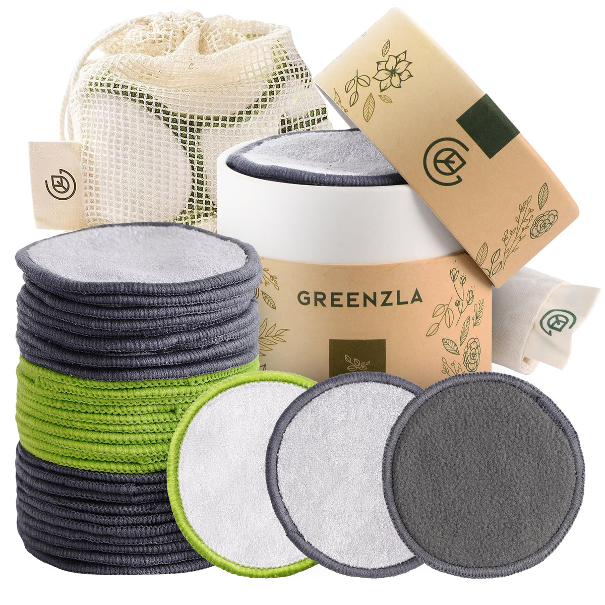 Greenzla Reusable Makeup Remover Pads, 30 Pack Bamboo Cotton With Laundry Bag & Pouch