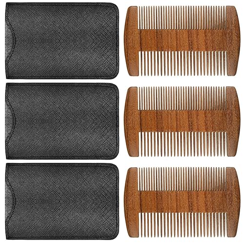 Boao 3-Piece Natural Sandalwood Beard & Mustache Comb Set with Faux Leather Cases - Brown