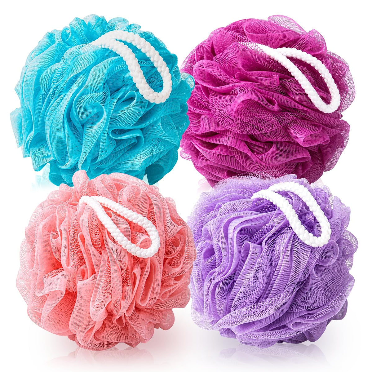 Mtdlyice 4 Pack Loofah Sponge - Soft Exfoliating Bath Puff In Purple, Pink, Blue, Red