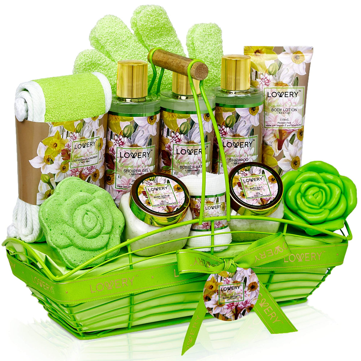 Lovery Home Spa Gift Basket For Women - 13Pcs Magnolia & Jasmine Bath Set With Towels & Bombs