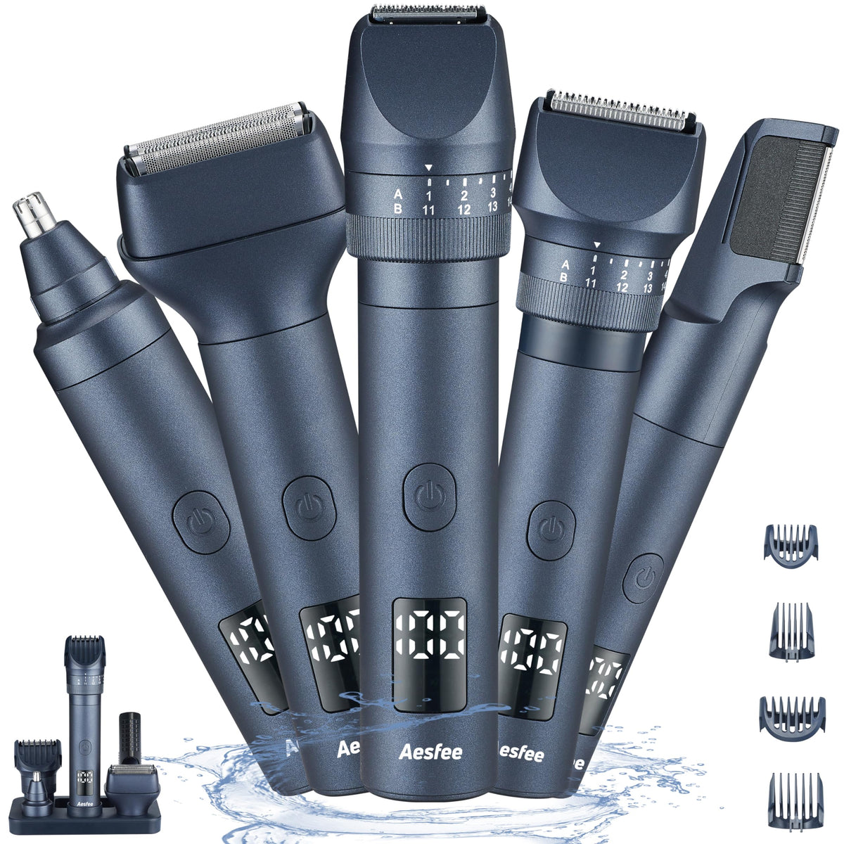 Aesfee 5-In-1 Beard Trimmer Kit - Waterproof Electric Clippers For Men, Nose & Mustache Grooming