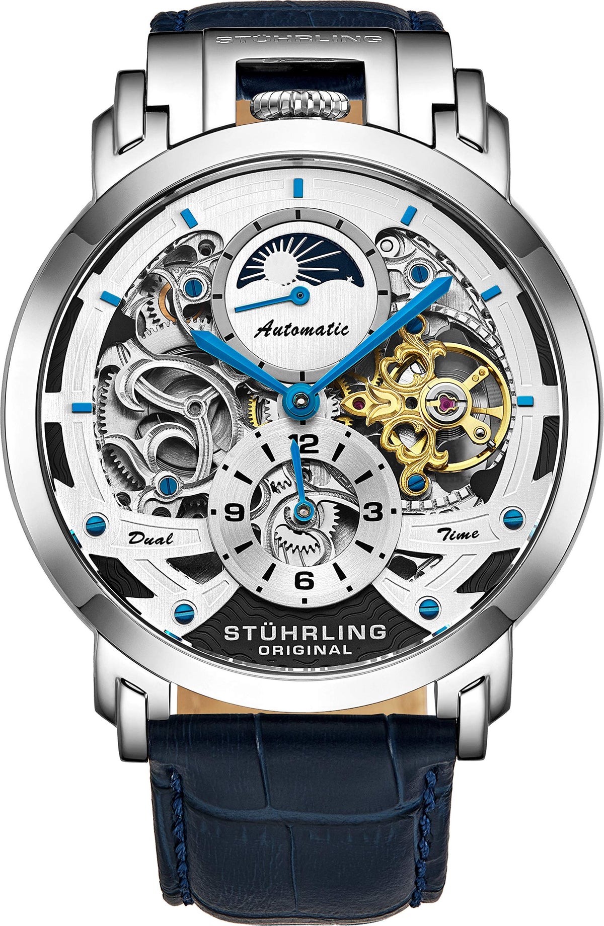 Stuhrling Original Men'S Automatic Watch, Blue Leather Strap, Stainless Steel Case