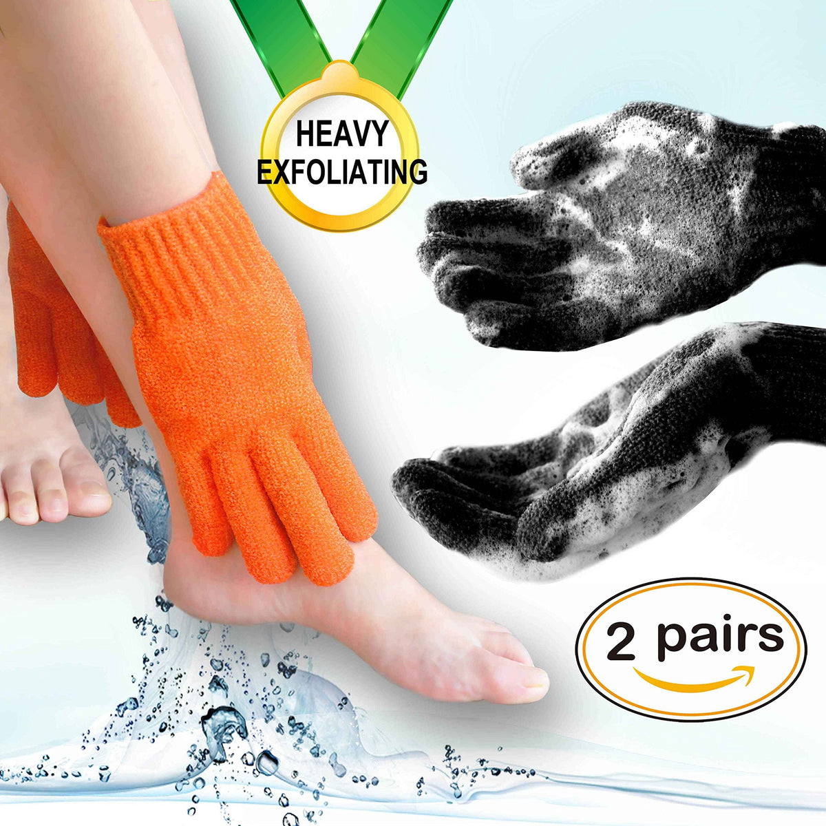 Mig4U Exfoliating Shower Gloves - Nylon Body Wash Scrub For Men & Women, 2 Pairs, Black & Orange