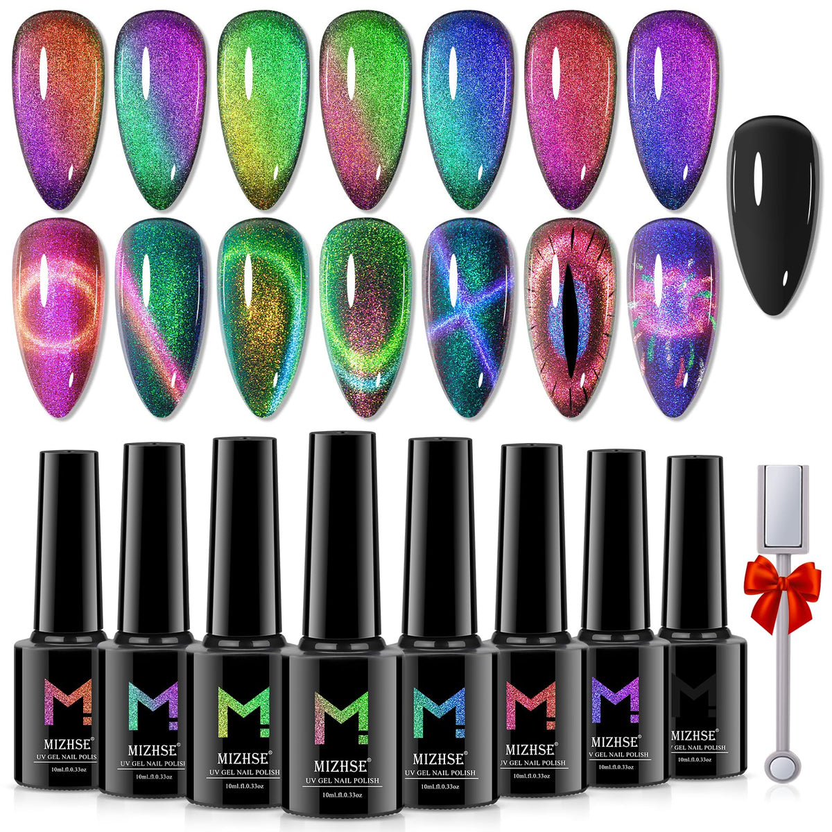 Mizhse 9D Cat Eye Gel Nail Polish Set, 8 Colors-Dual Color, Magnetic Diy Nail Art, 8