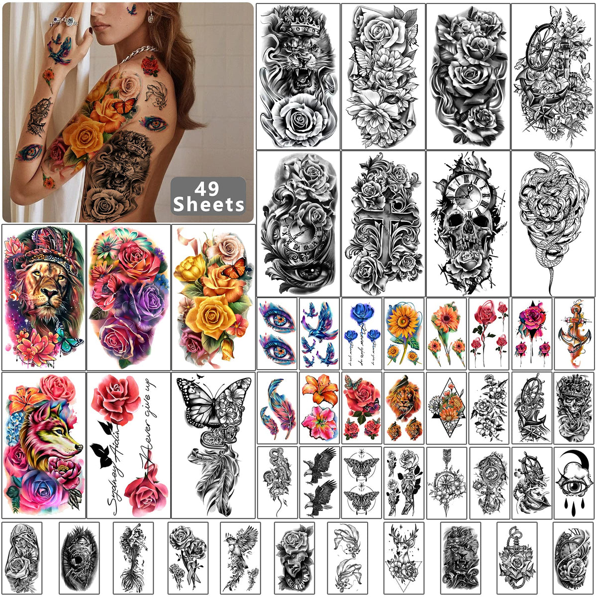 Yazhiji 49 Sheets Waterproof Temporary Tattoos - Large Flowers, Realistic Tiger, Wolf, Bird