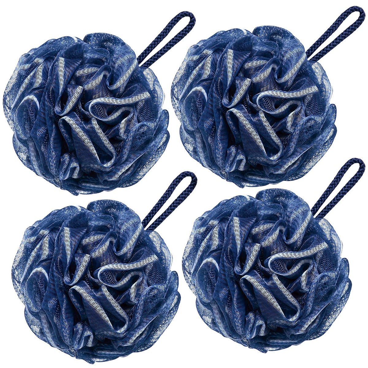 Vanzavanzu Large Bath Loofah Set Of 4, Navy Blue Mesh Pouf Body Scrubber For Men & Women