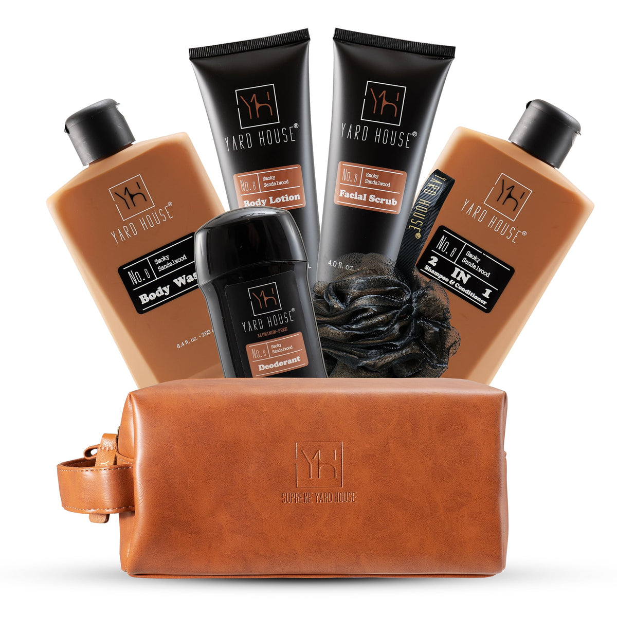 Yard House Luxury Men'S Bath & Body Gift Set - Smoky Sandalwood Skin Care Kit In Leather Bag