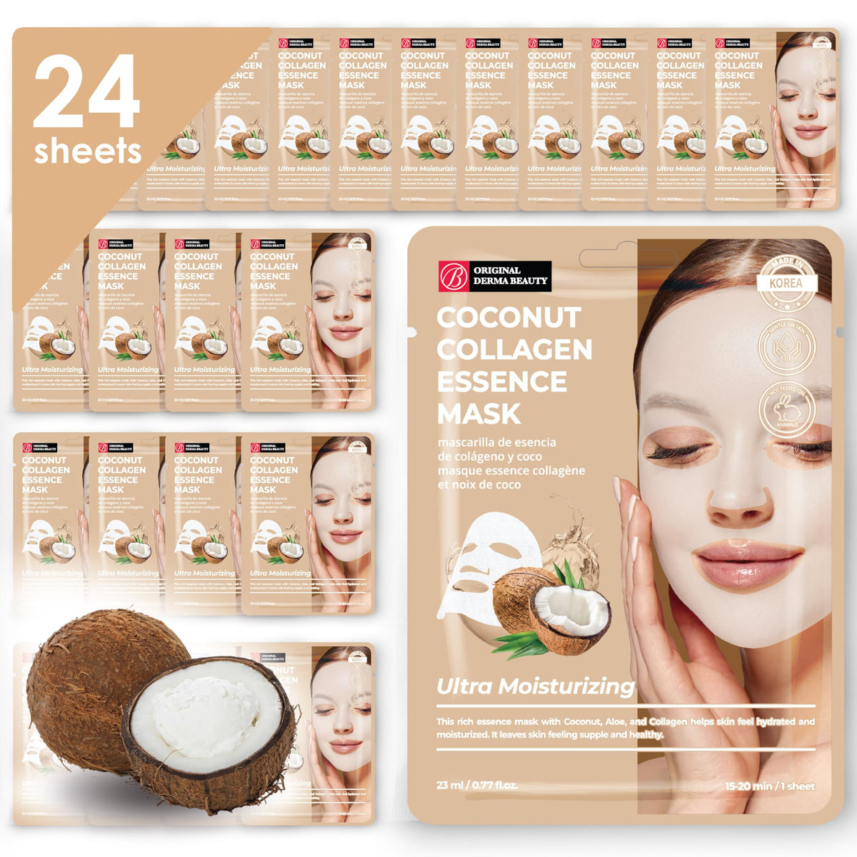 Innerest Collagen Face Masks 36 Pk - Vegan Coconut Ultra Moisturizing Skincare Sheet Masks