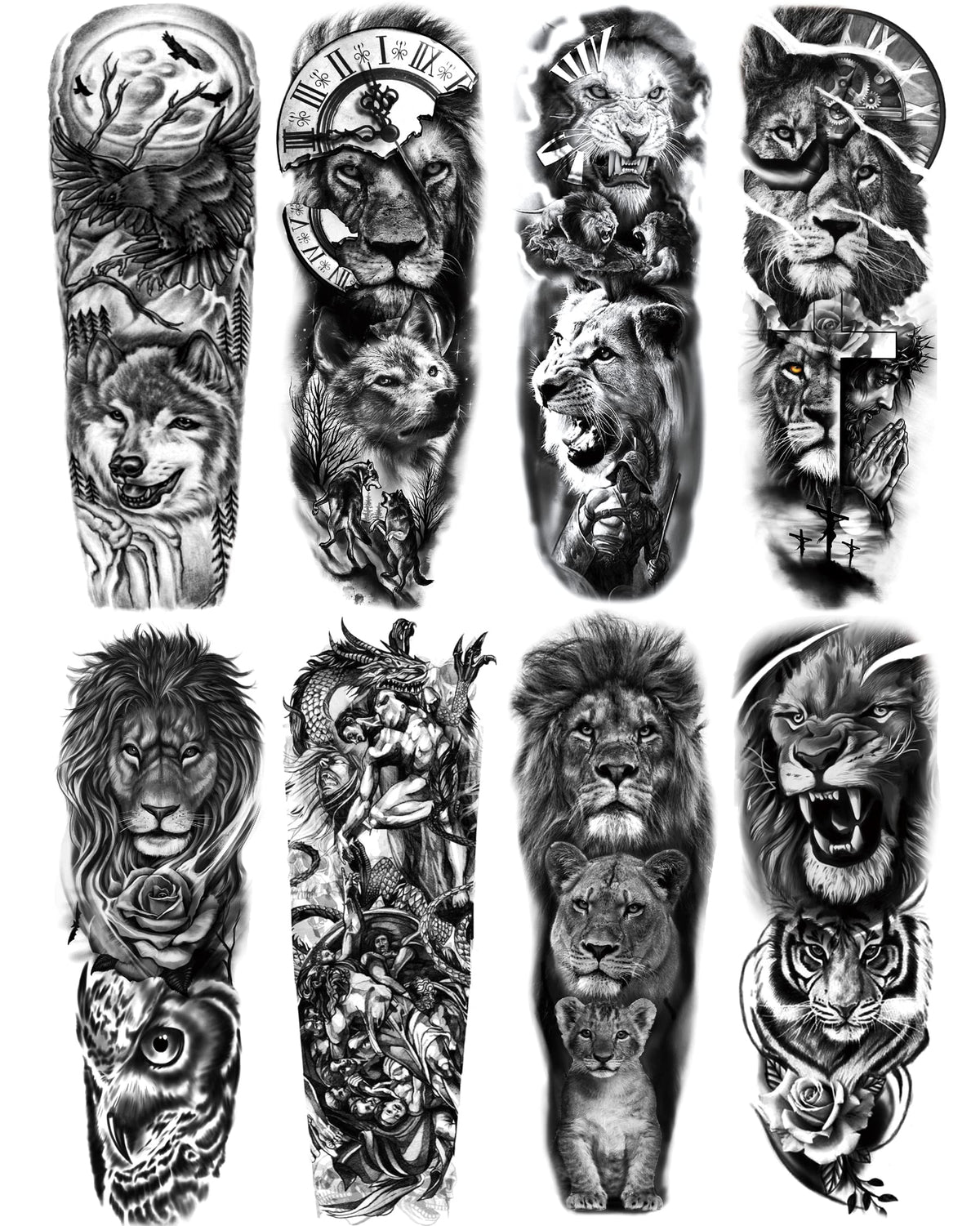 Padoun Large Temporary Tattoo Sleeve - 8 Sheets Of Waterproof Wolf Lion Tiger Designs For Men Women