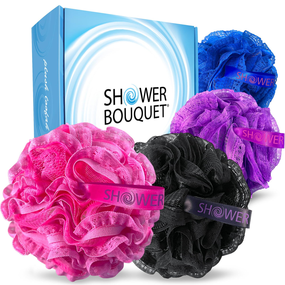 Shower Bouquet 4-Pack Lace-Mesh Loofah Bath Sponge - Exfoliate & Cleanse In 4 Sexy Colors