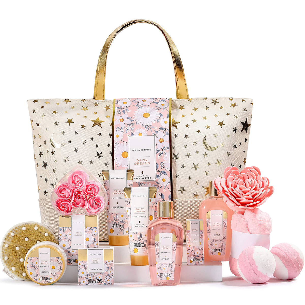 Spa Luxetique 15Pcs Daisy Spa Gift Set - Bubble Bath, Body Butter & Tote Bag For Women