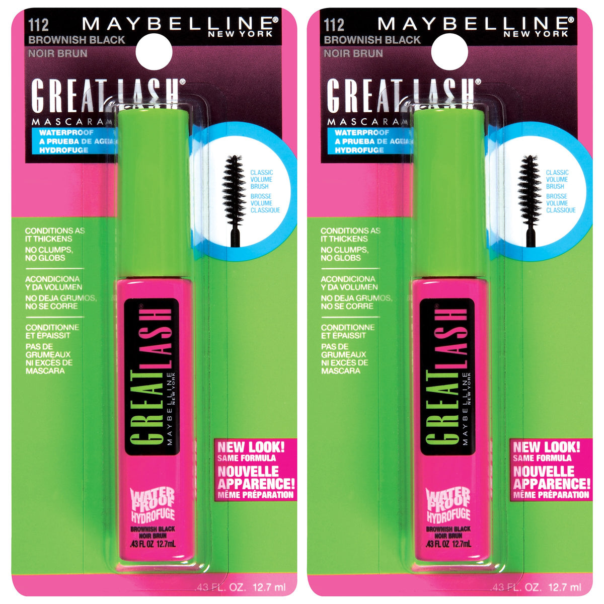 Maybelline Great Lash Waterproof Mascara, Brownish Black - 2 Pack, 0.43 Fl Oz Each