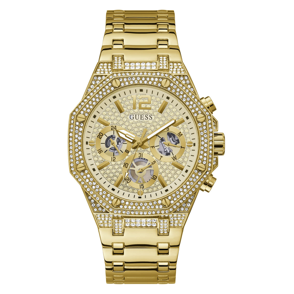 Guess Men'S 44Mm Gold-Tone Octagonal Crystal Multifunction Watch With Stainless Steel Bracelet