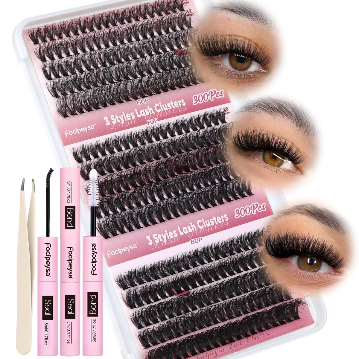 Focipeysa 300Pcs Lash Extension Kit - Fluffy Faux Mink Clusters 9-16Mm With Bond & Tweezers