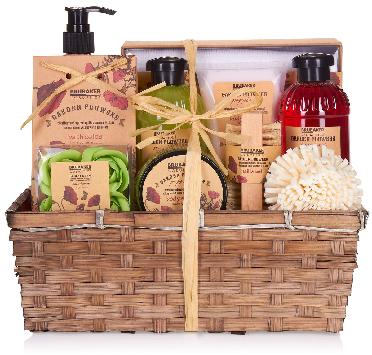 Brubaker Home Spa Gift Set, 14 Pcs Bath & Body Basket For Women & Men - Garden Poppies