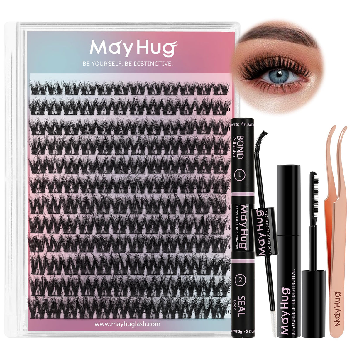 Mayhug 3D Lash Extension Kit 144 Pcs, Wispy Clusters, Bond & Seal, Lash Remover, Tweez