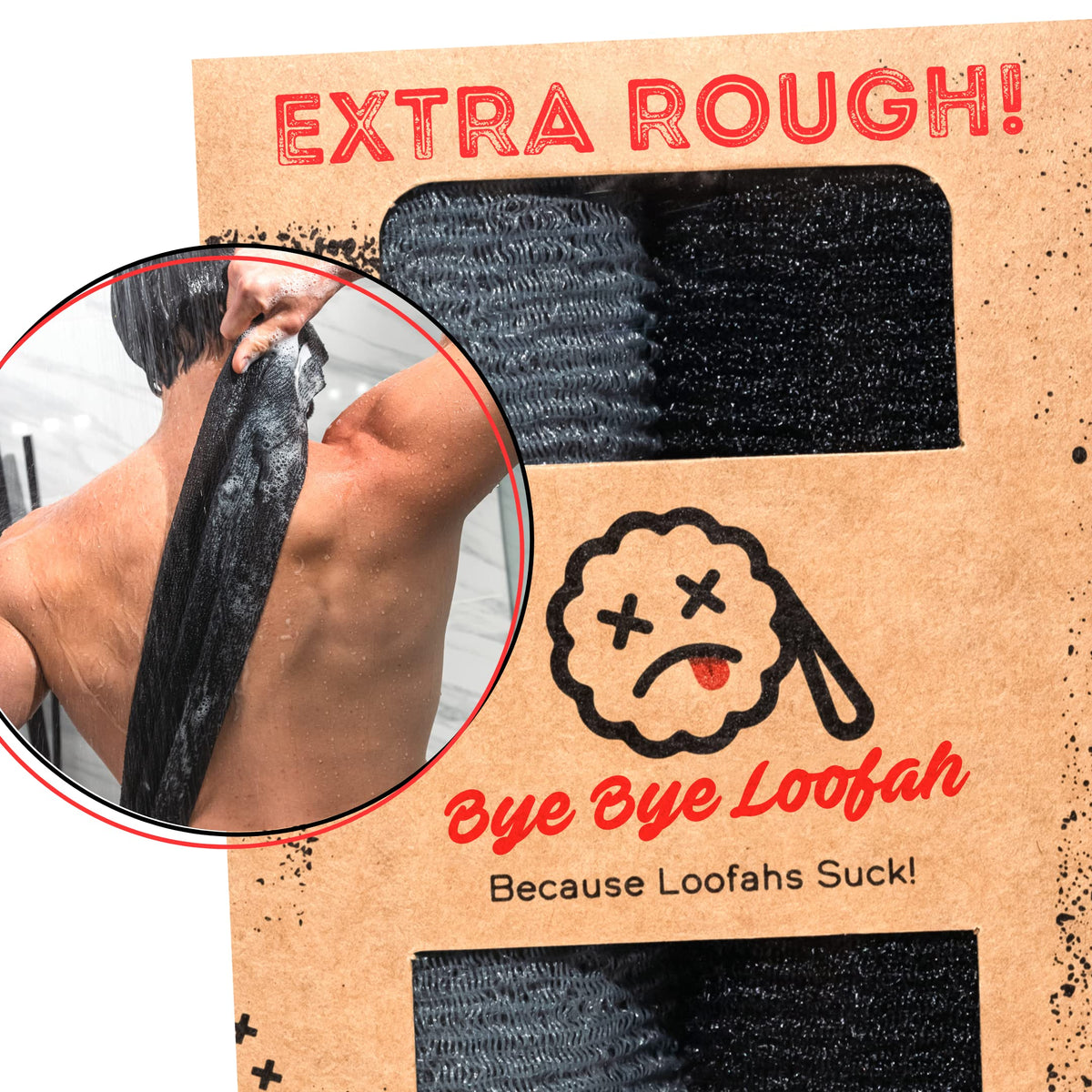 Bye Bye Loofah Extra Rough Exfoliating Washcloth - 2 Pack Black & Grey, Long Body & Back Scrubber