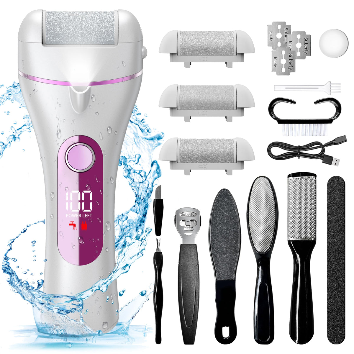 7D24Hcare Electric Foot Callus Remover, 16-In-1 Rechargeable Pedicure Kit, Waterproof, Purple