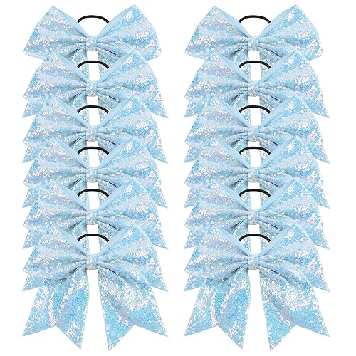 OAOLEER 12PCS Glitter Cheer Hair Bows - Sequin Sky Blue Ponytail Holders for Teen Girls