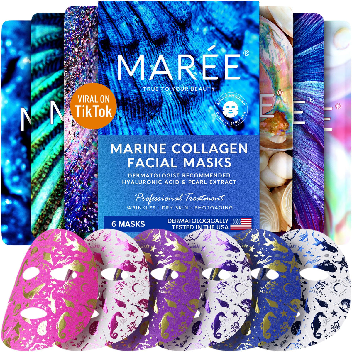 Maree Collagen Facial Mask - Hydrating Sheet Masks With Hyaluronic Acid & Algae Extract - 6 Pack