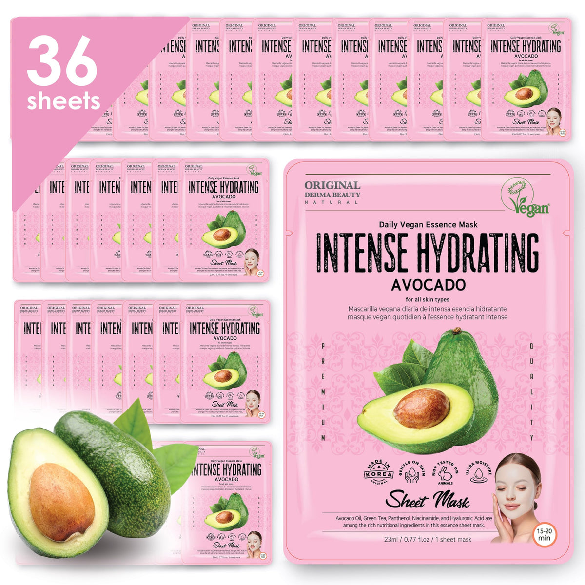 Innerest Vegan Avocado Collagen Face Masks, 36 Pk Hydrating Sheet Masks For Skin Care