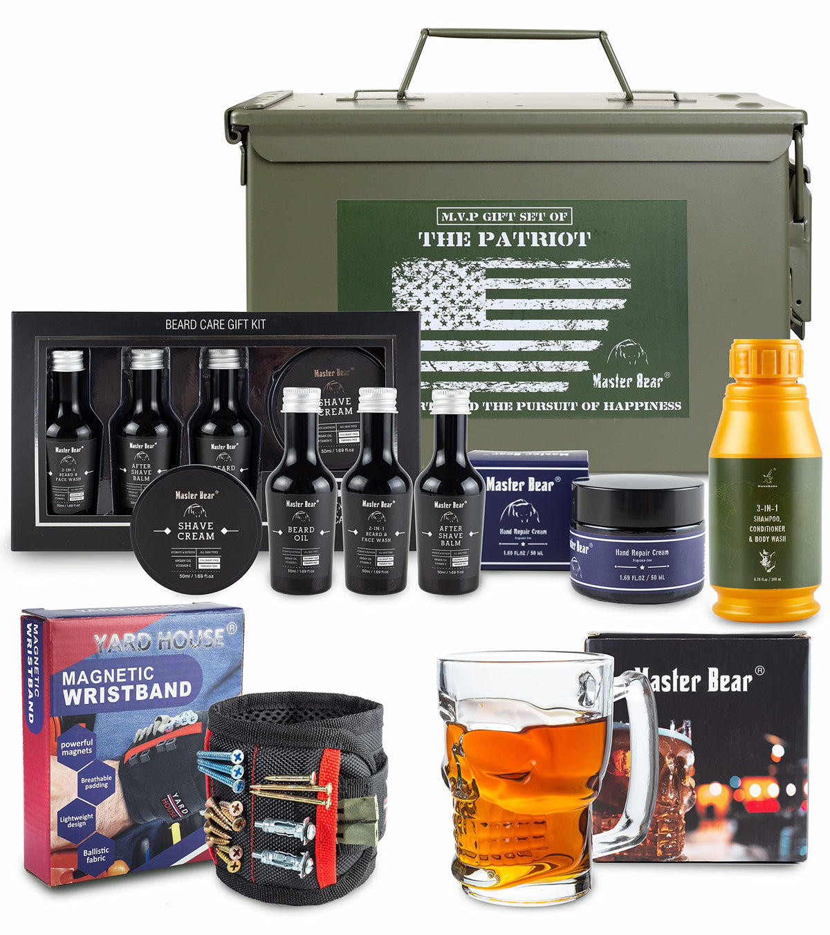 Master Bear 50 Cal Metal Ammo Can Grooming Set For Men - Gift Box With Beer Mug & Accessories