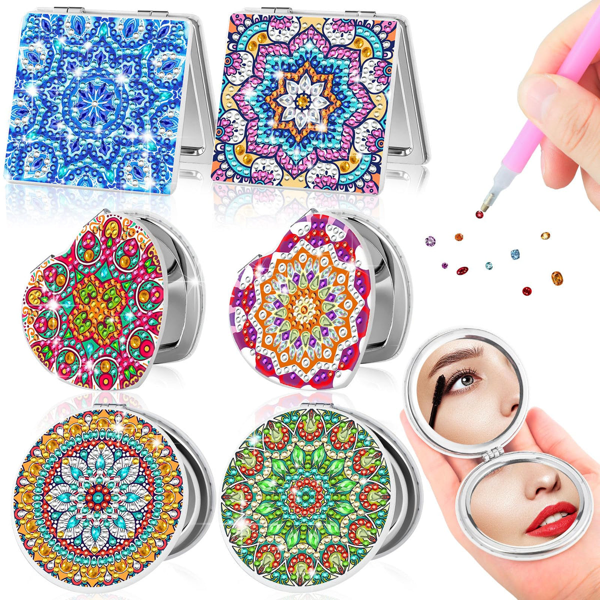 Thyle 6 Pcs Diy Painting Compact Mirror - Portable Folding Purse Mirror With Magnification