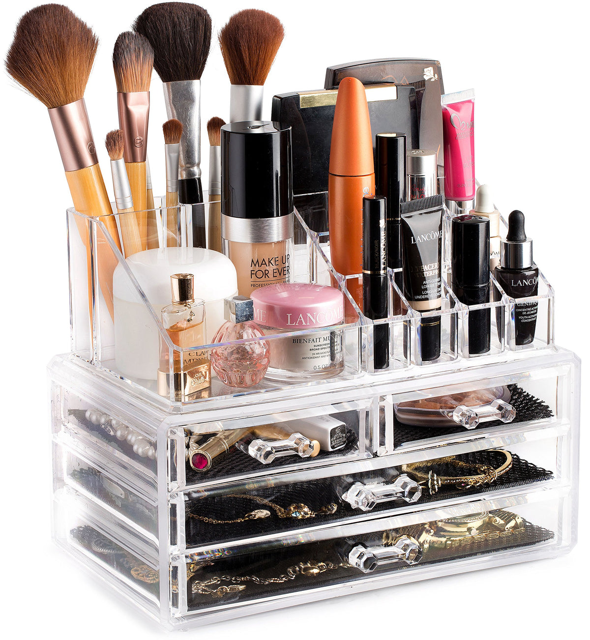 Masirs Clear Makeup Organizer - 16-Compartment Acrylic Vanity Storage With 4 Drawers