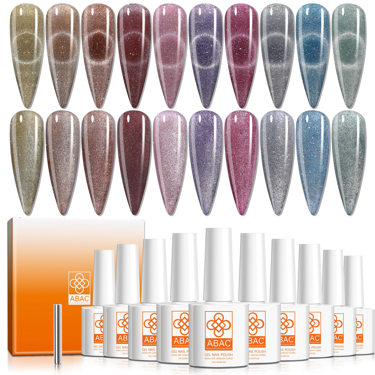 Abac Cat Eye Gel Nail Polish Set - 10 Colors, Soak Off Uv Led Glitter Gel For Women