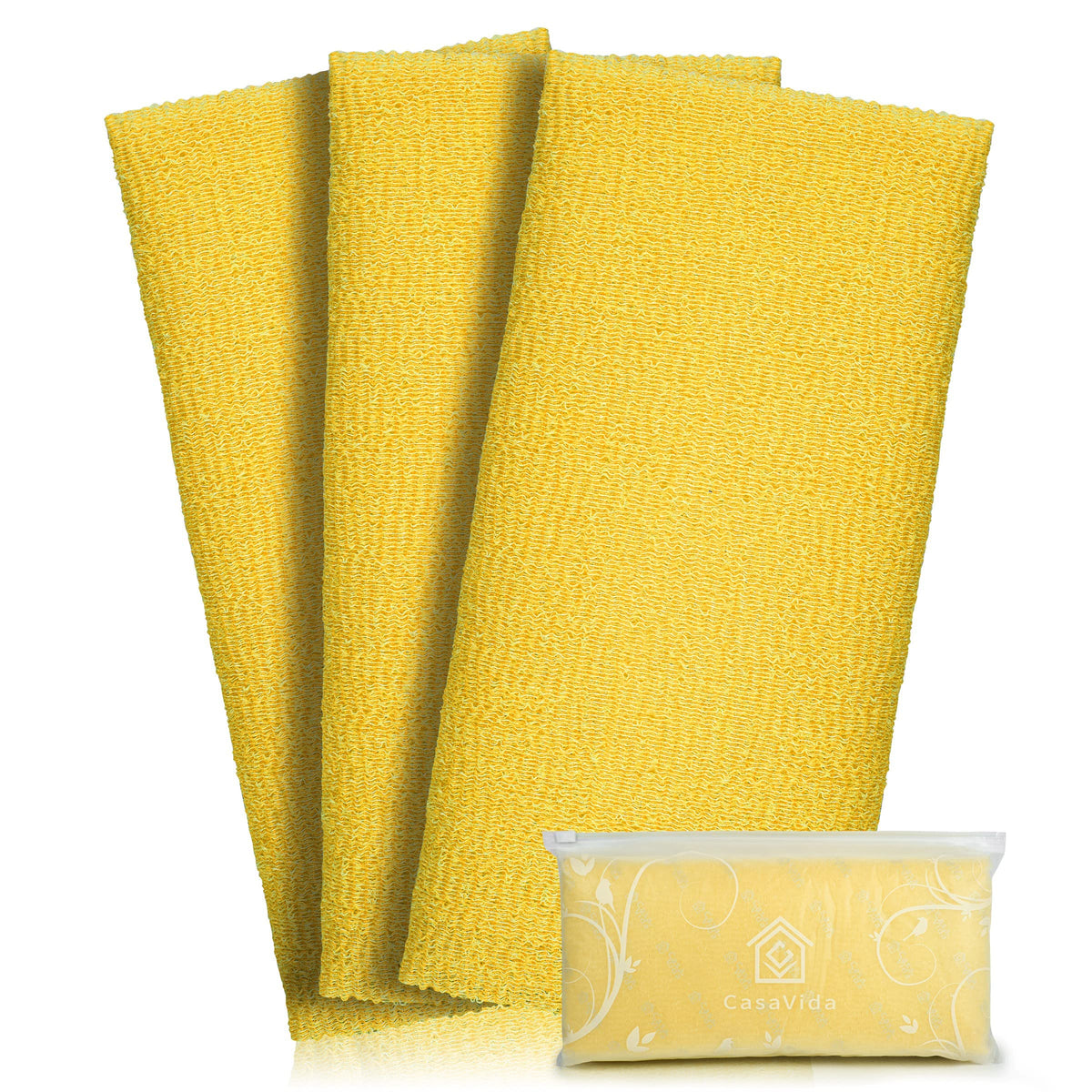 Casavida Exfoliating Washcloths - Japanese Nylon Bath Sponge, 3 Pack, Yellow