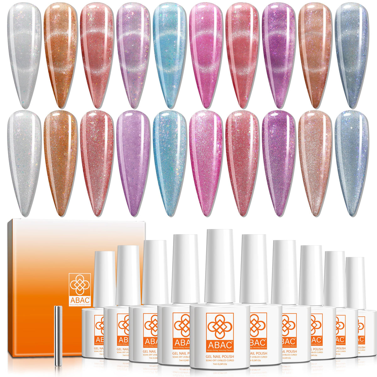 Abac Cat Eye Gel Nail Polish Set - 10 Colors, Hema Free, Soak Off Uv Gel, Diy Gift For Women