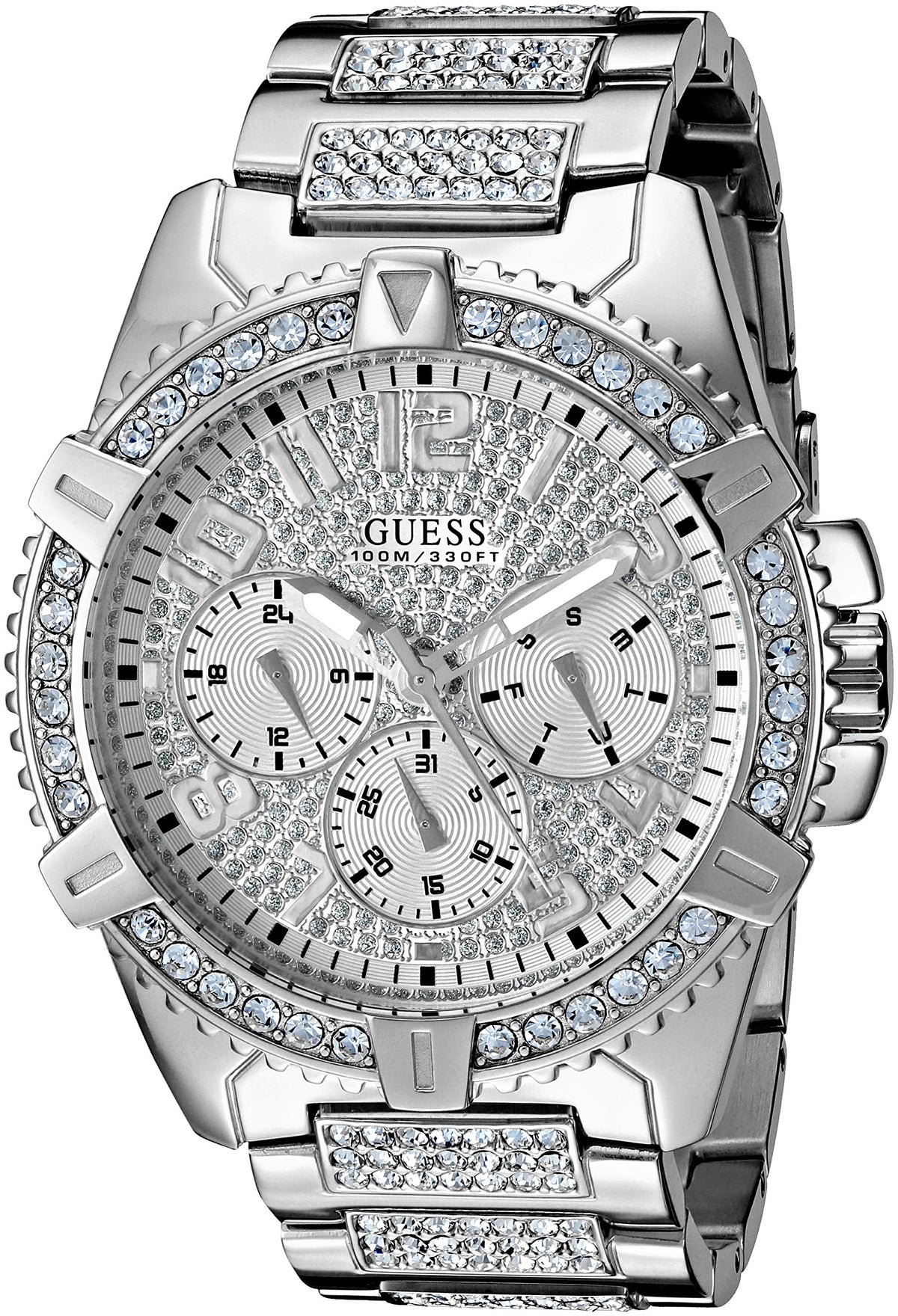 Guess Silver-Tone Stainless Steel Crystal Bracelet Watch With Day & Date, Military Time