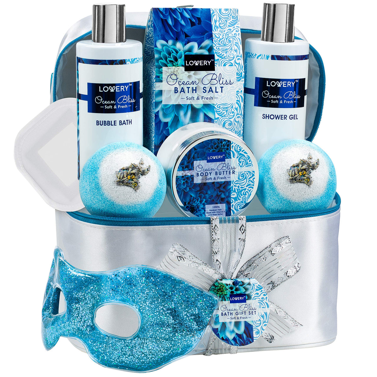 Lovery Ocean Bliss Spa Gift Set - 8 Piece Bath & Body Basket With Eye Mask, Lotion & Bath Bombs