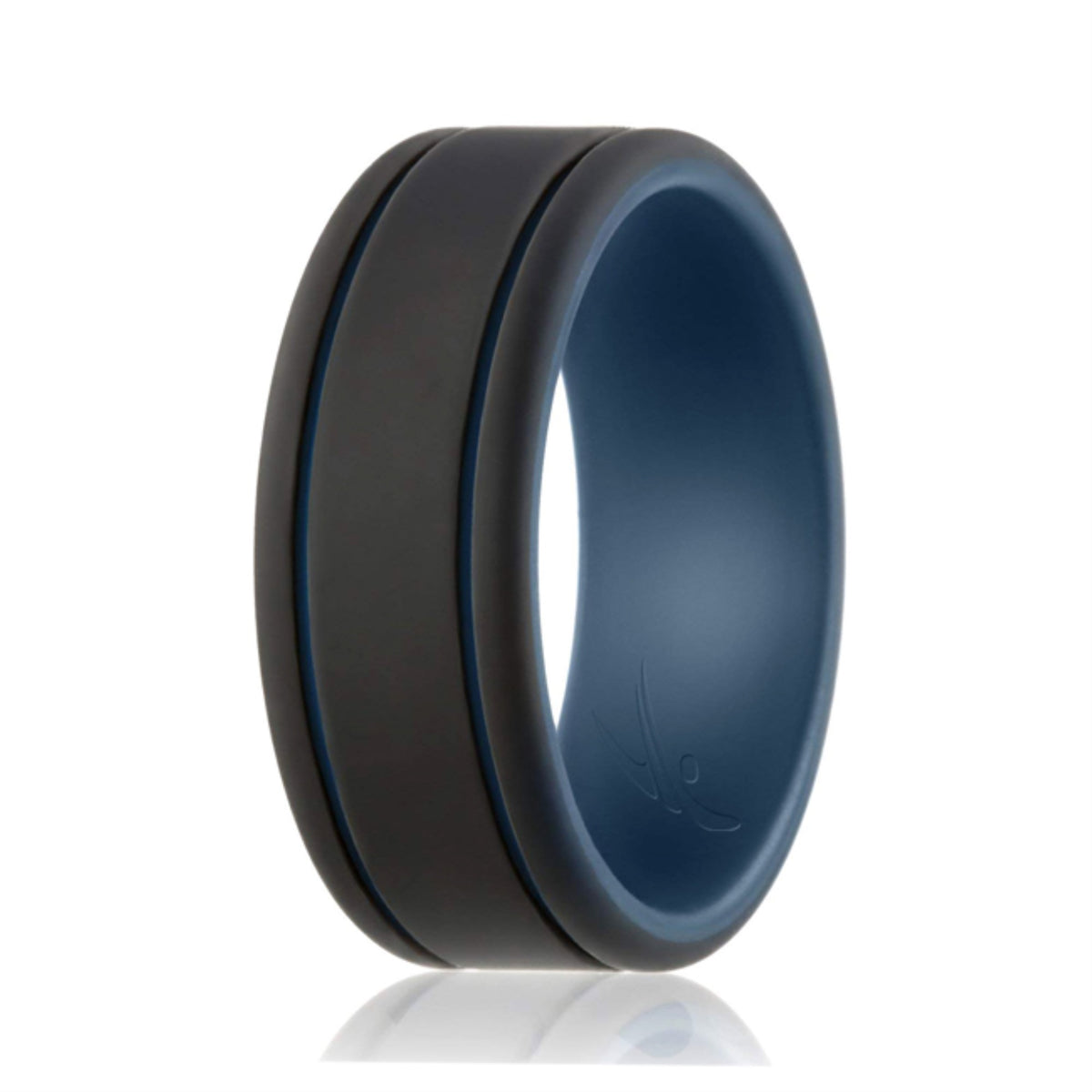 Silicone Wedding Ring  Duo Collection 2 Thin Lines  BlueBlack by ROQ for Men  8 mm Ring