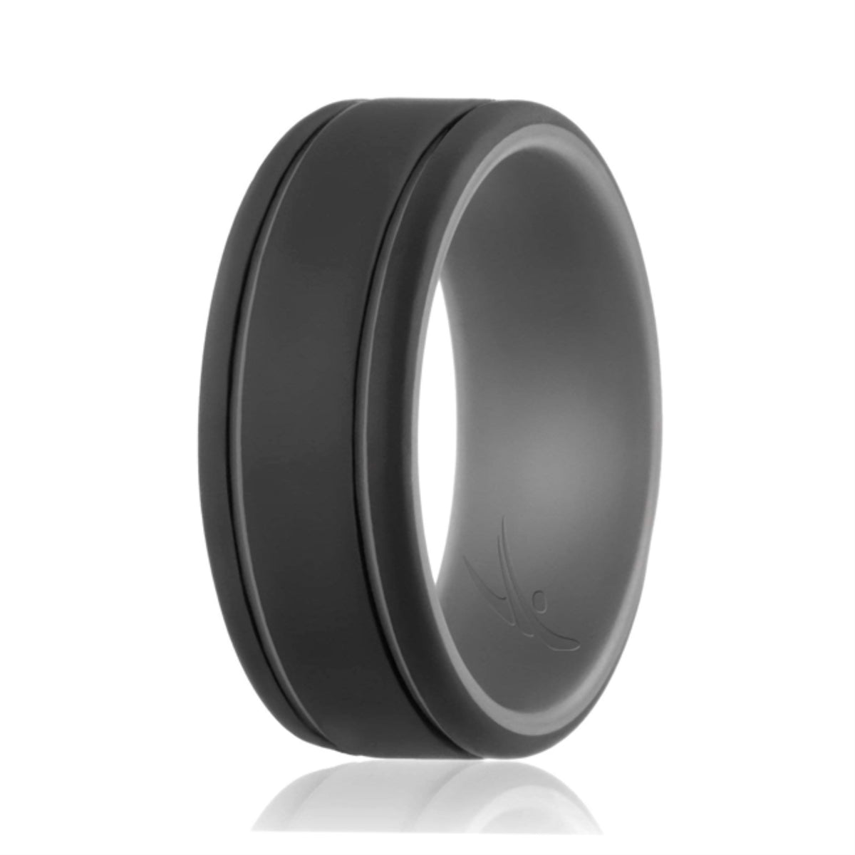 Silicone Wedding Ring  Duo Collection 2 Thin Lines  GreyBlack by ROQ for Men  7 mm Ring