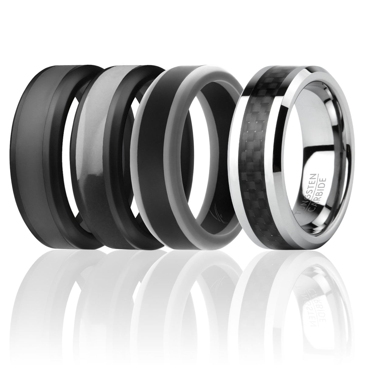 Silicone Wedding Twin Carbon Ring Set  BlackGrey by ROQ for Men  4 x 11 mm Ring