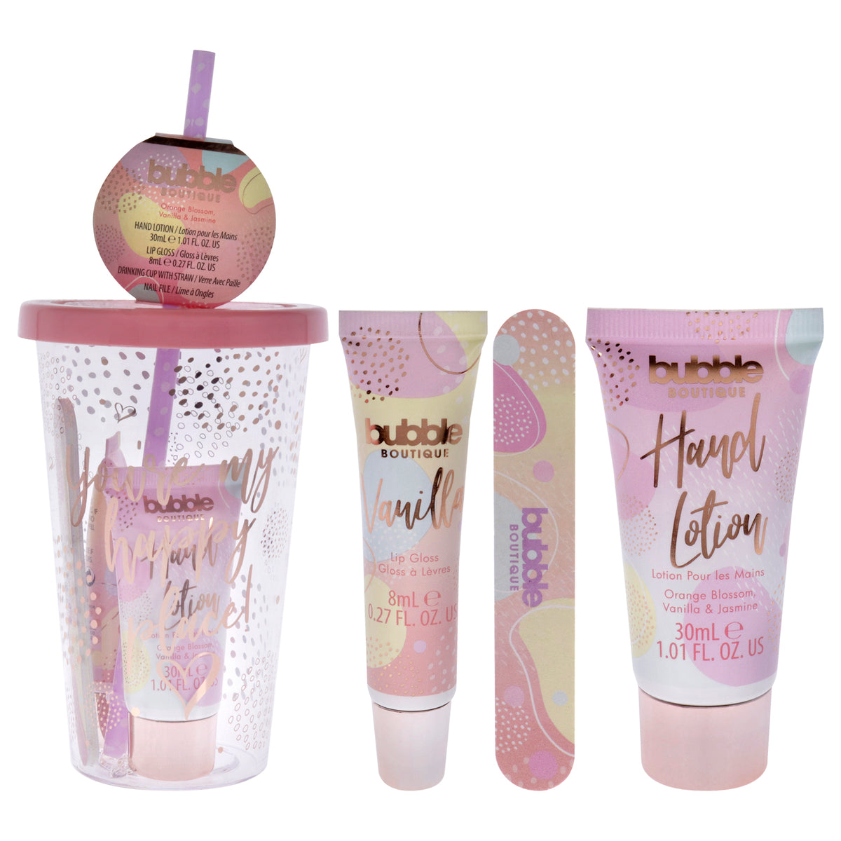 Bubble Boutique Travel Cup  Eco Packaging by Style and Grace for Women  4 Pc 101oz Hand Lotion  027oz Lip Gloss  Vanilla  D