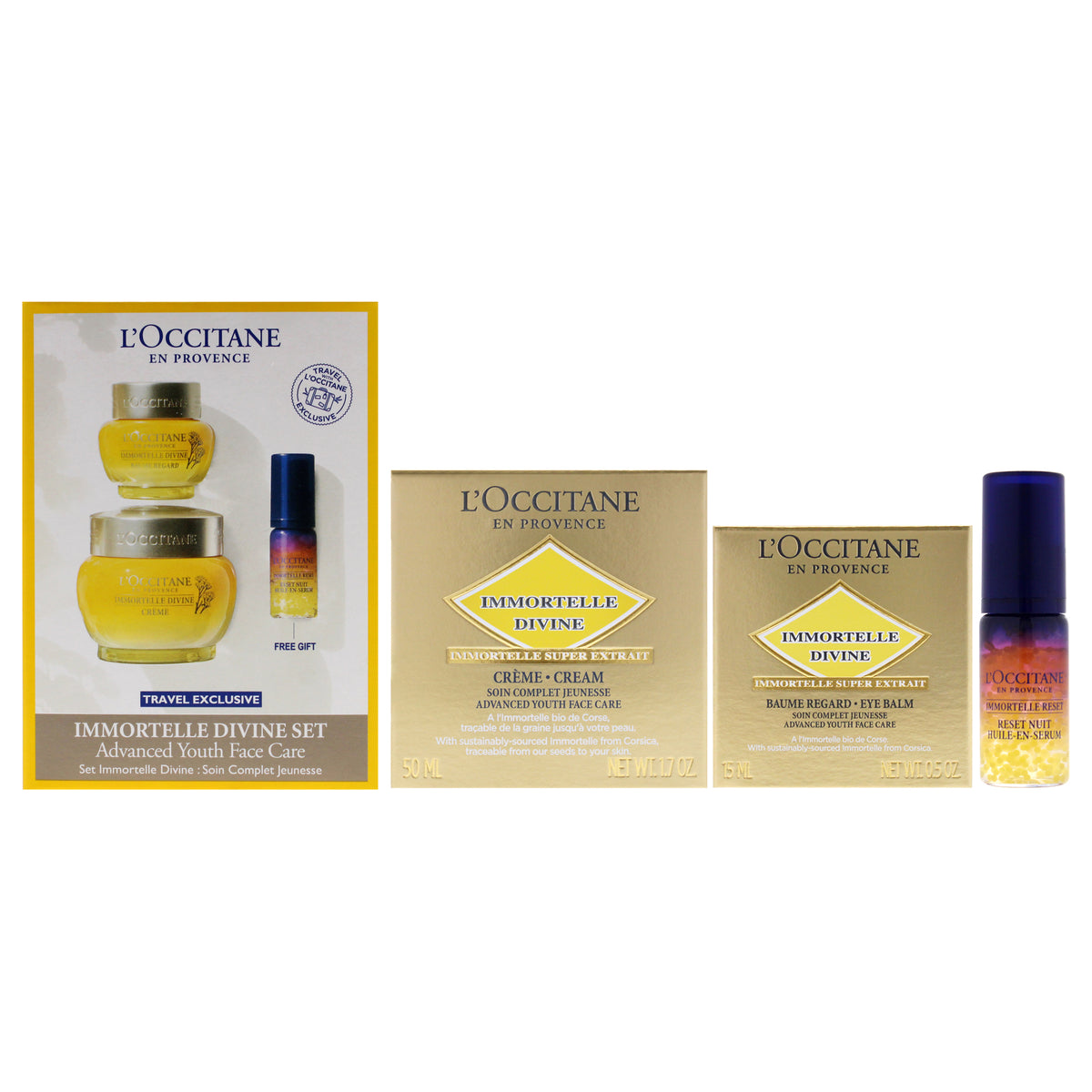 Immortelle Divine Set  Advance Youth Face Care by LOccitane for Unisex  3 Pc 05oz Eye Balm  17oz Cream  016oz OilInSerum