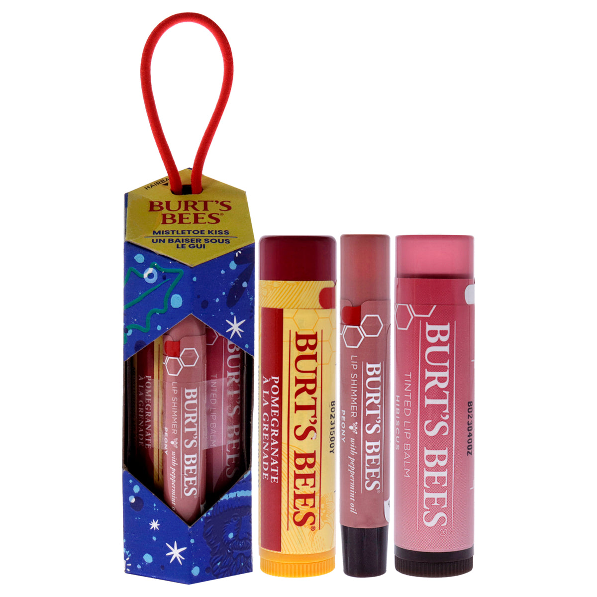 Mistletoe Kiss Gift 2023  Pink by Burts Bees for Women  3 Pc 015oz Pomegranate Lip Balm  009oz Peony Lip Shimmer  015oz Hib