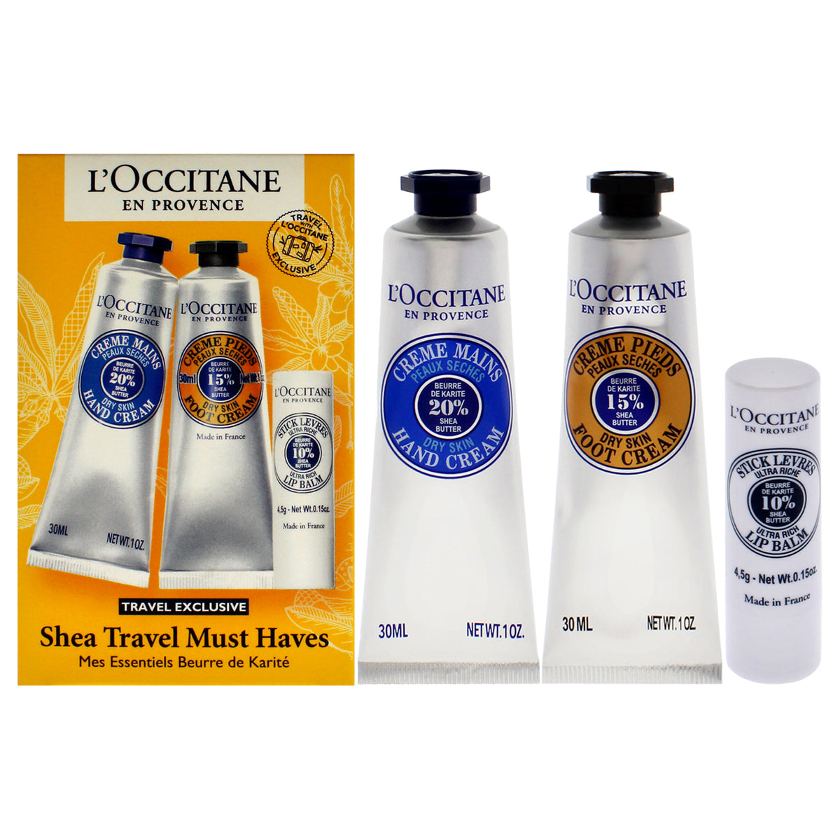 Shea Travel Must Haves Set by LOccitane for Unisex  3 Pc 1oz Shea Dry Skin Hand Cream  1oz Shea Dry Skin Foot Cream  015oz She