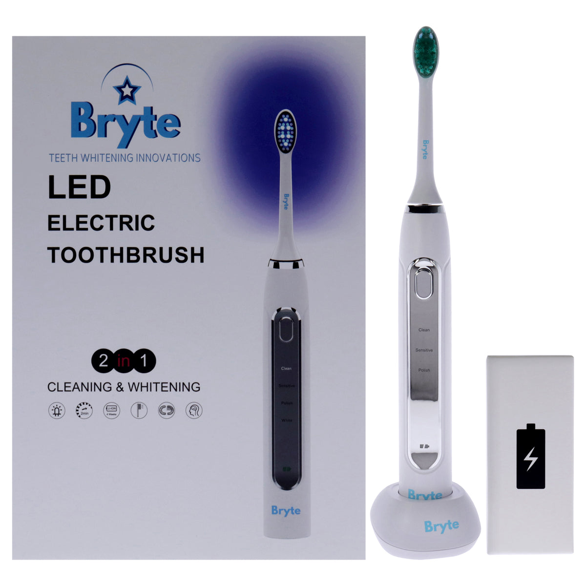 LED Electric Toothbrush Kit by Bryte for Unisex  5 Pc Electric Toothbrush  2 Toothbrush  Charger Base  Charging Cable