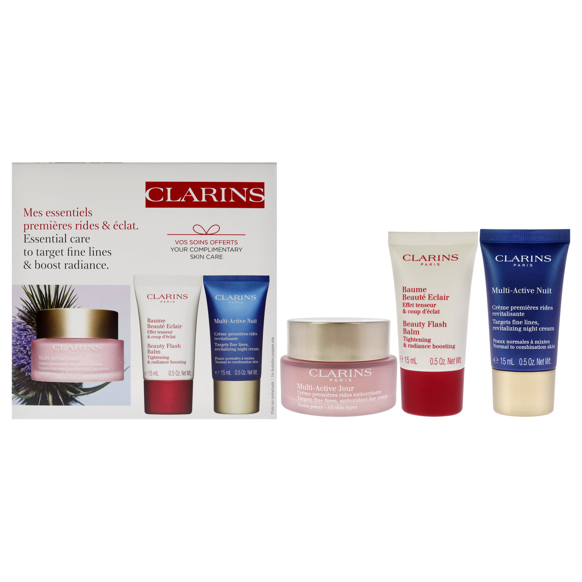 MultiActive Starter Kit by Clarins for Women  3 Pc 16oz Multi Active Day Cream  05oz Beauty Flash Balm  05oz Multi Active N