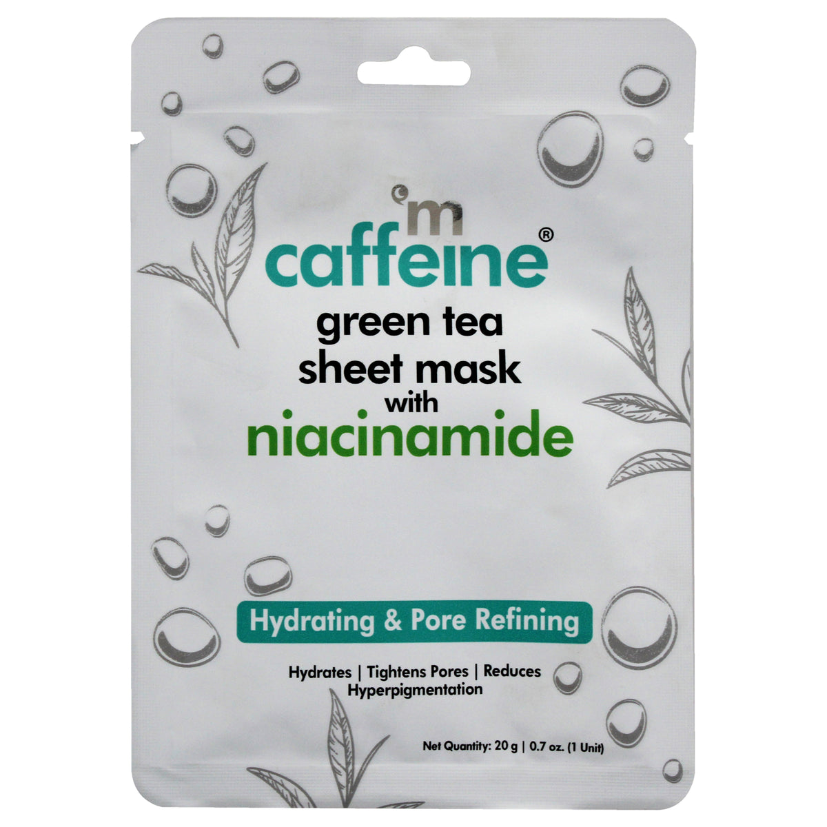 Green Tea Sheet Mask with Niacinamide by mCaffeine for Unisex  07 oz Mask