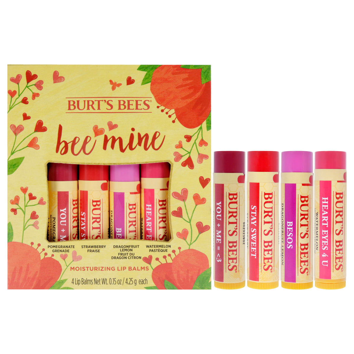 Bee Mine Moisturizing Lip Balm Set by Burts Bees for Unisex  4 Pc 015oz Watermelon Lip Balm  015oz Dragonfruit Lemon Lip Balm